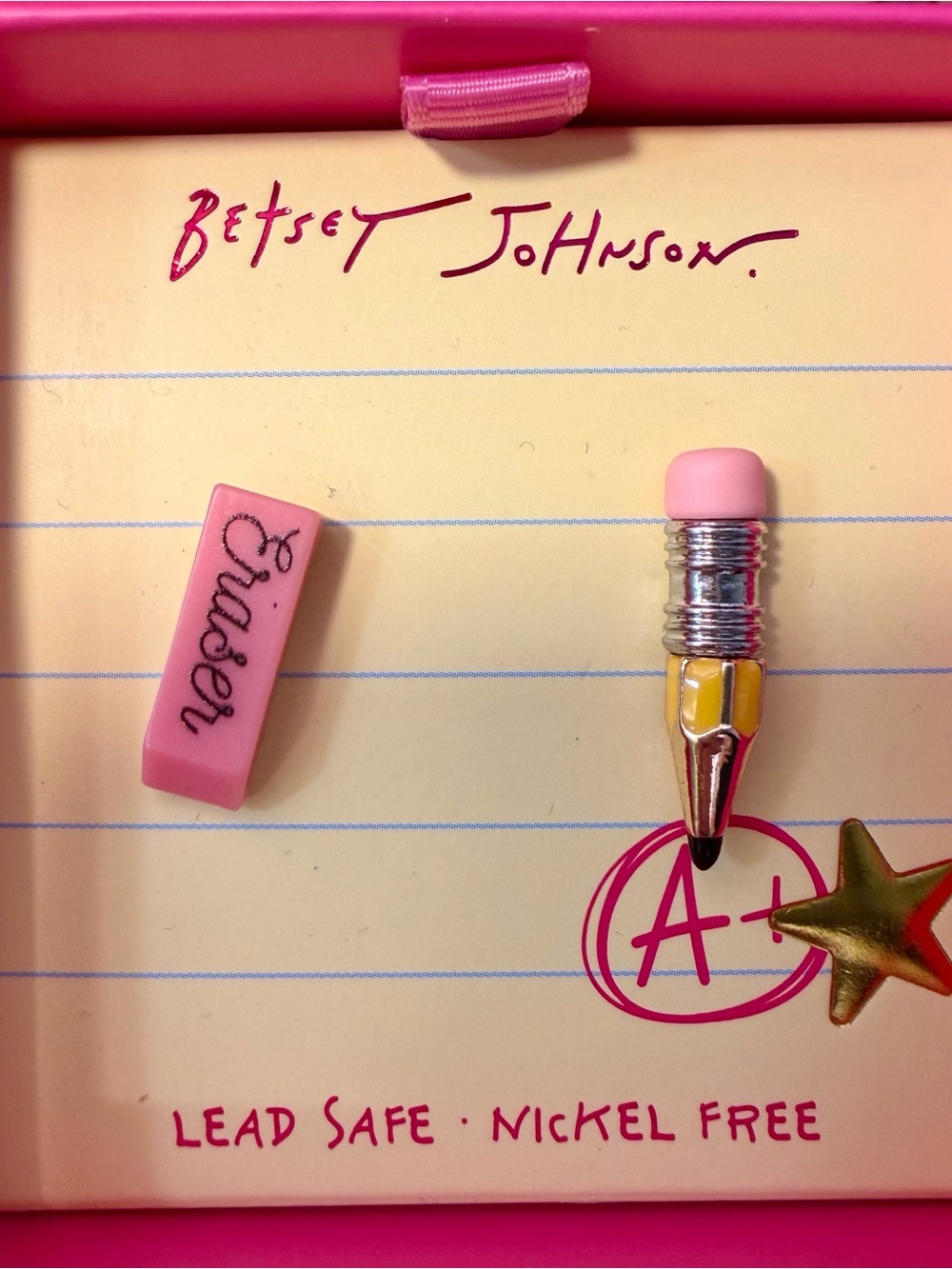 Betsey Johnson Pink & Gold School Charm Earrings Set - Picture 4 of 6